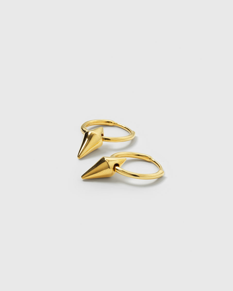 A product shot of the Harvey Small Spike Hoops in gold, showing the pair of small hoops each adorned with a pointed spike.