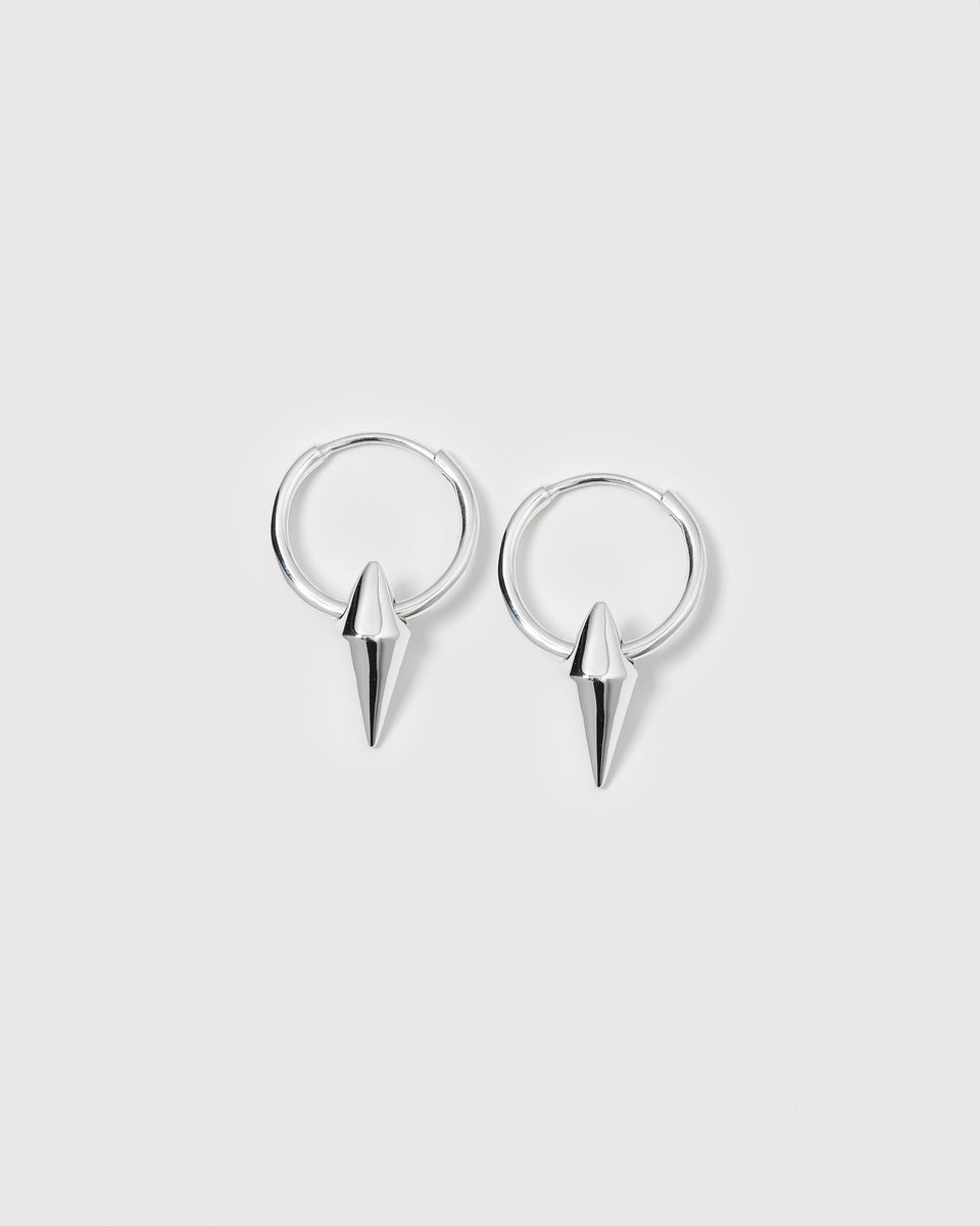 A product shot of the Harvey Small Spike Hoops in silver, showing the pair of small hoops with their pointed spike pendants.