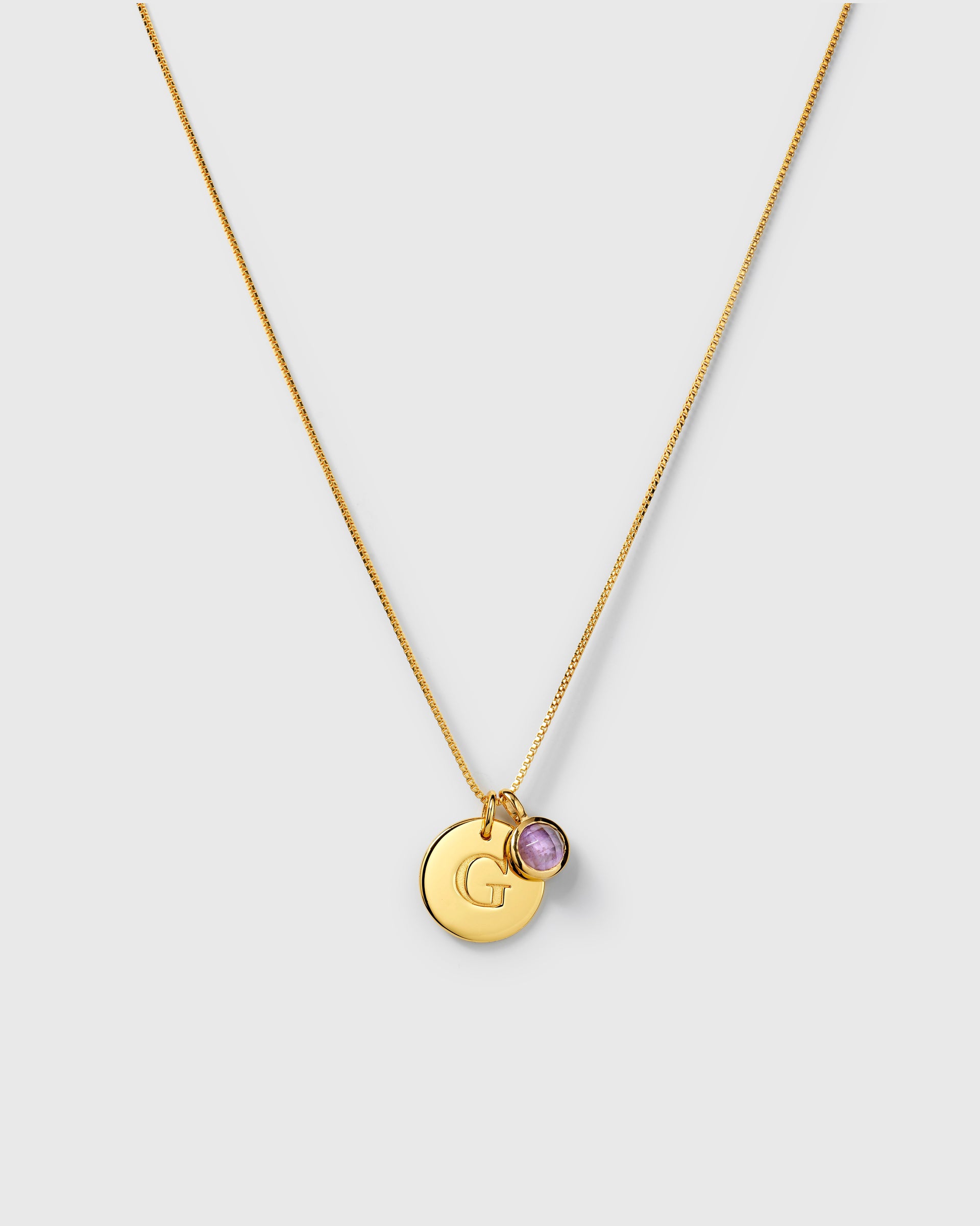 Gold necklace with two pendants: a February birthstone purple amethyst and a round letter charm.