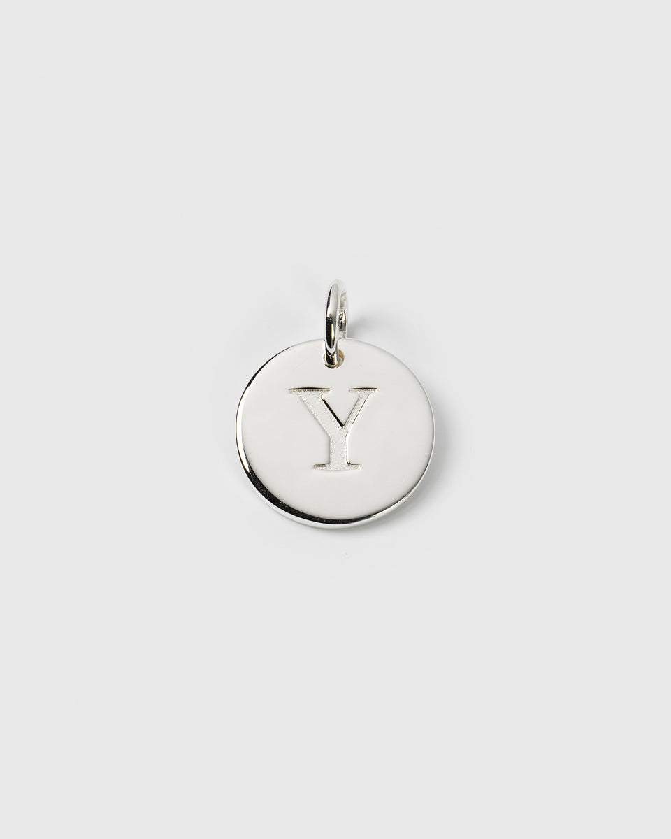 A product shot of the Beloved Big Letter Silver charm, featuring the letter 'Y' engraved on a circular silver pendant.