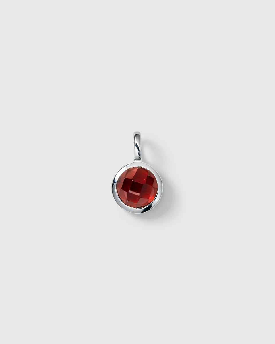 Gold chain with January birthstone red garnet and letter pendants.
